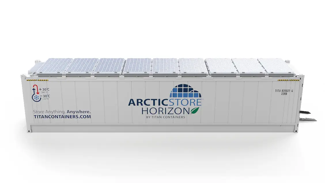 40ft ArcticStore Horizon se Solárními Panely Pohled zboku